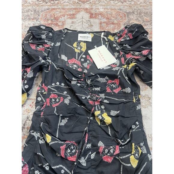 Isabel Marant Etoile Galdino Ruched Floral Print Ruffle Mini Dress Size 36 NWT - Picture 4 of 10